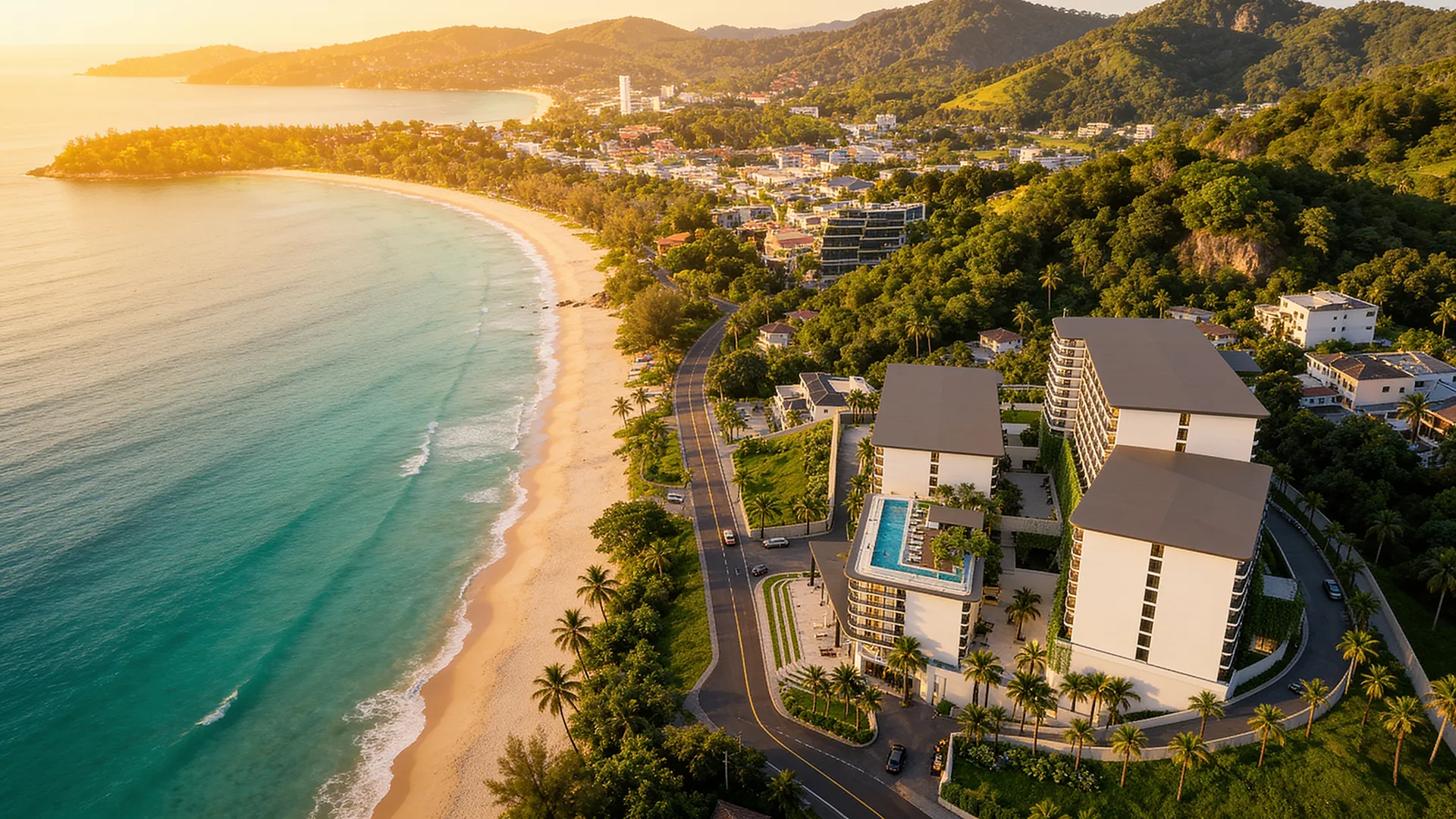 Aerial view of Karon Beach on Phuket's west coast