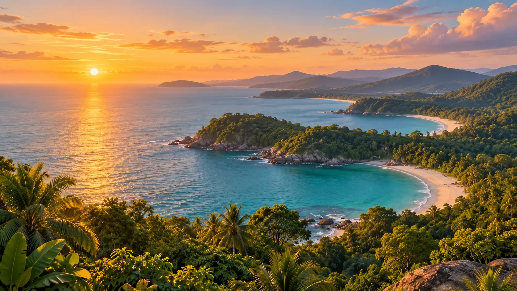 Illustration of a chain of sandy bays and green headlands along a tropical coastline at sunset
