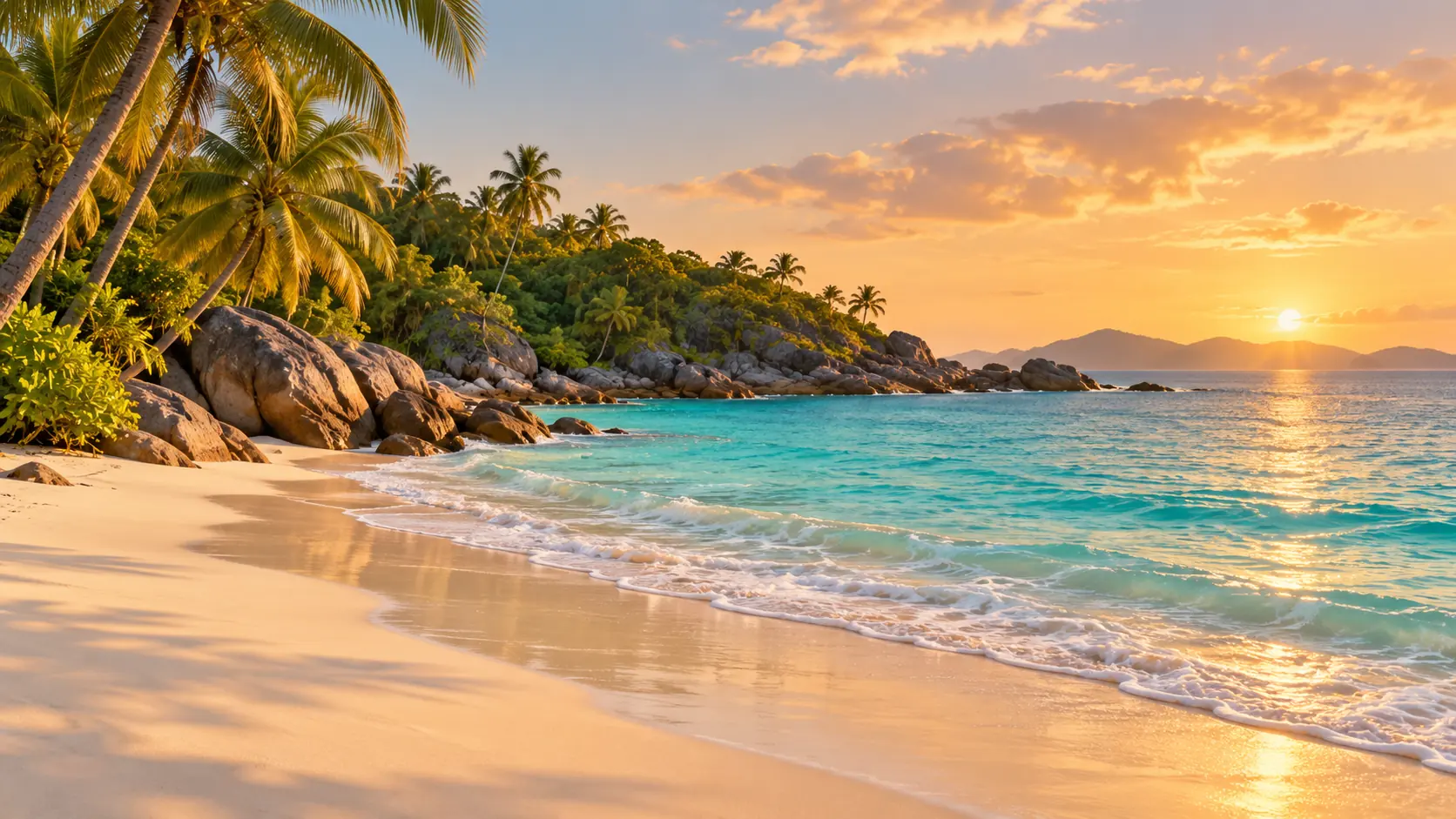 Illustration of a quiet tropical beach with coconut palms and a small rocky headland, with no people