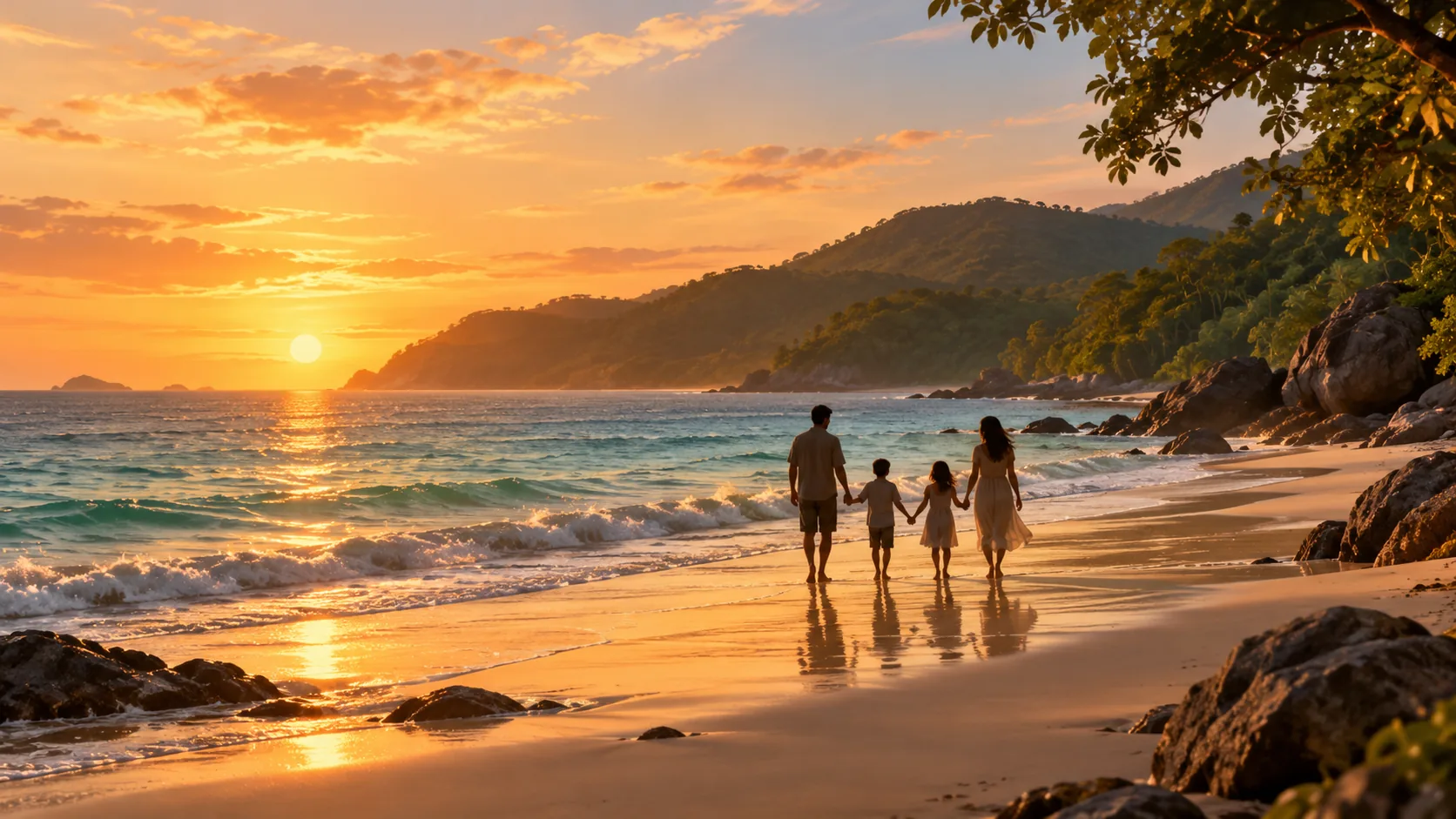 Illustration of a family walking along a quiet beach at sunset, shown as small distant silhouettes with green hills behind