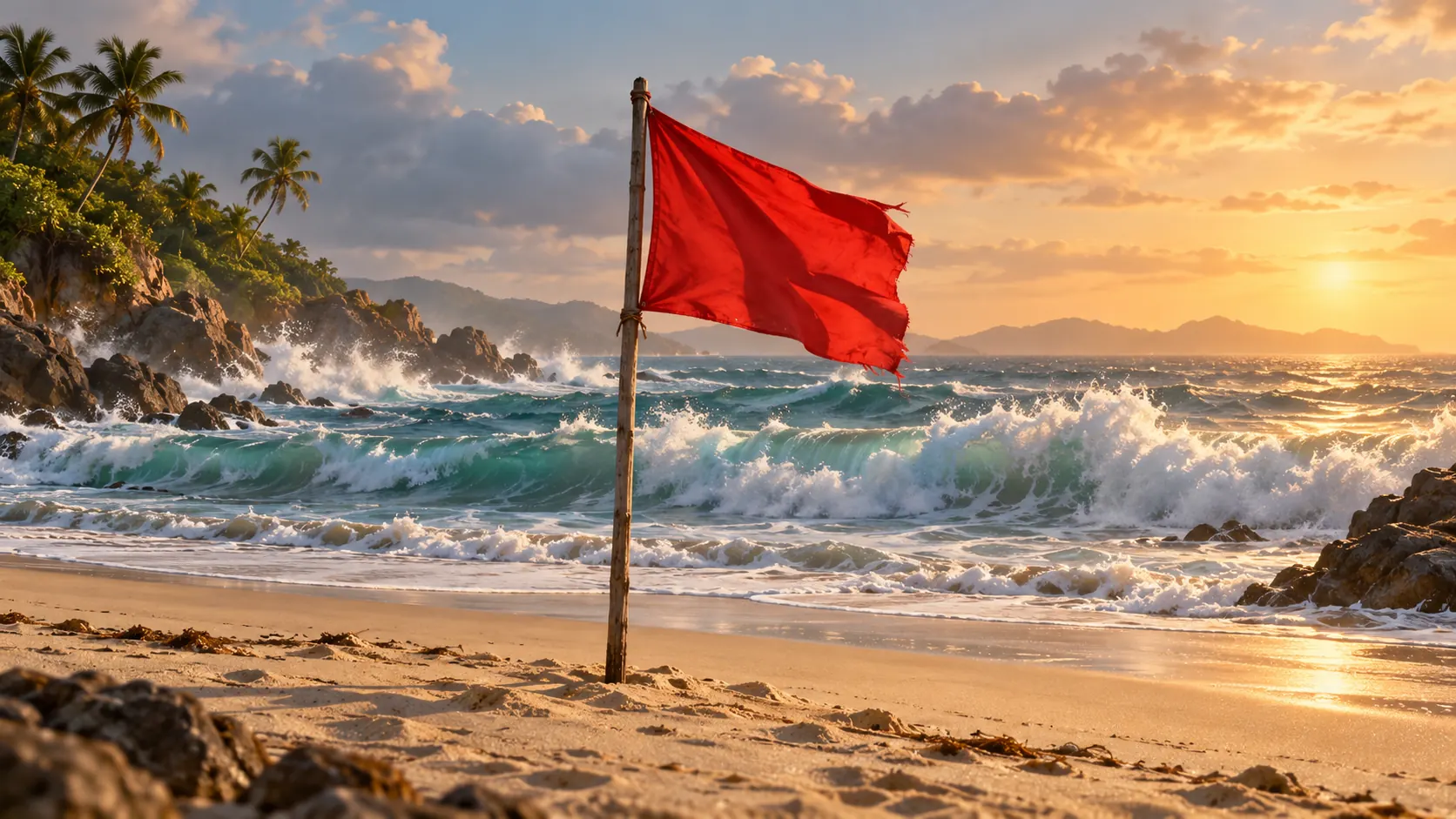 Illustration of a red flag on a pole on an empty sandy beach with rough waves in the background