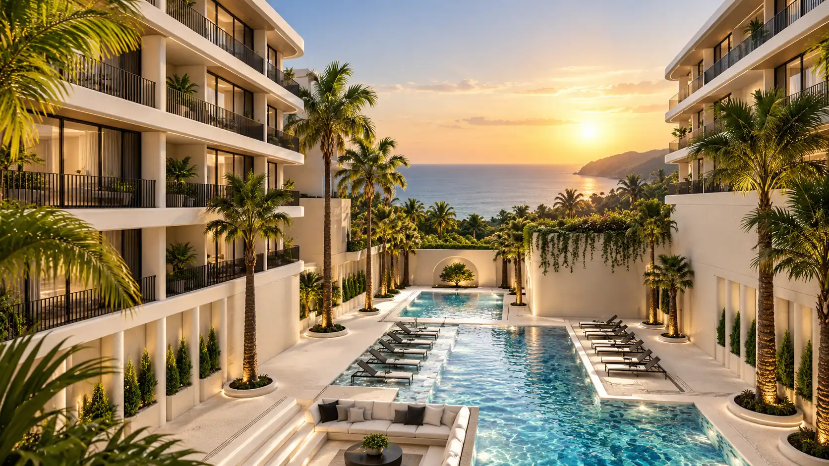 Computer-generated image of the double lap swimming pools planned at Ever Prime Residences, surrounded by greenery