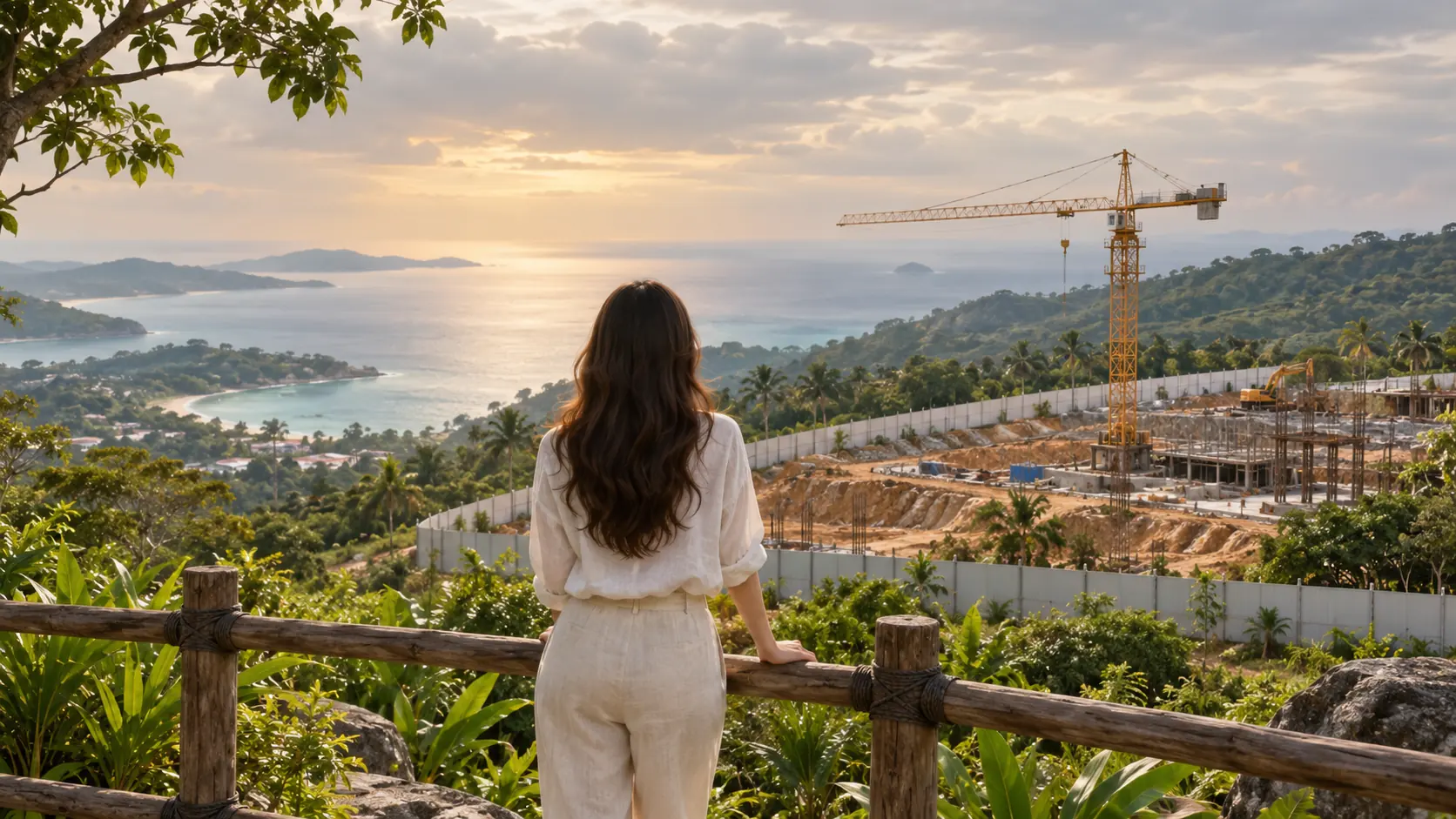 Illustration of a buyer looking at a new condominium construction site on a green Karon hillside