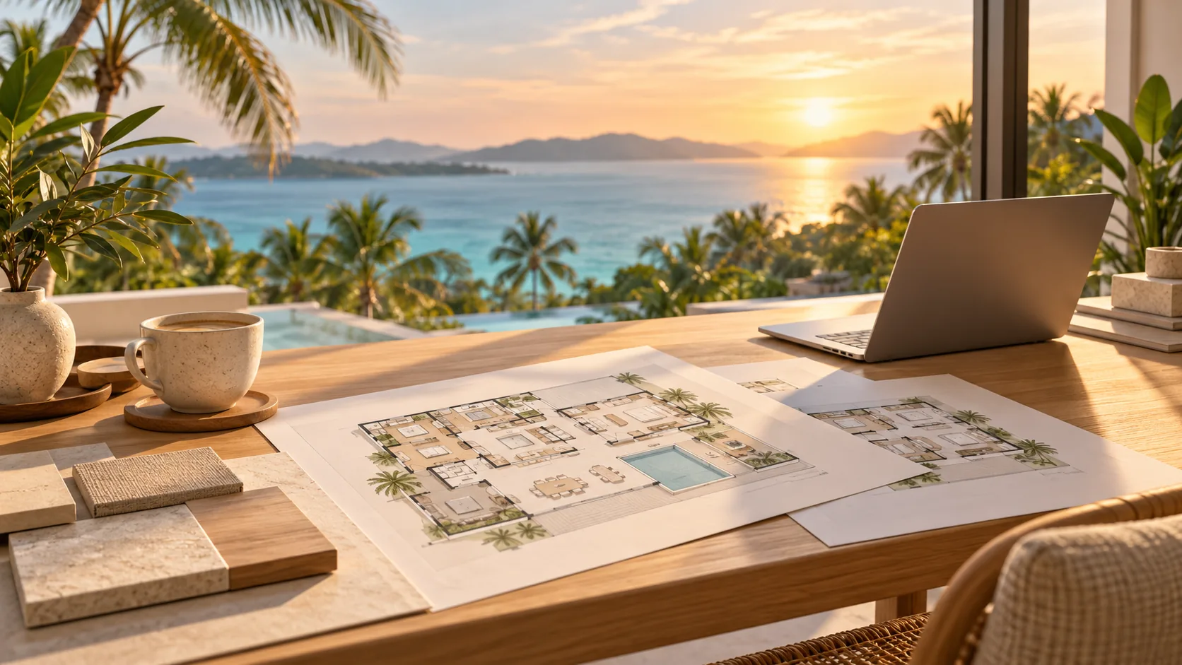 Illustration of a desk with architectural plans, a laptop and a coffee cup beside a window overlooking palm trees