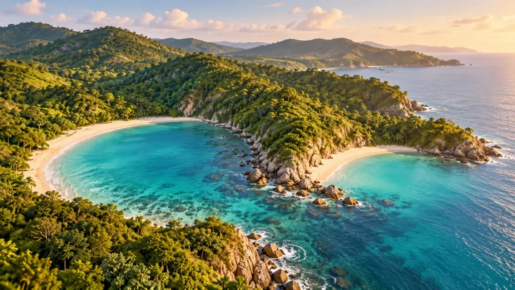 Illustration of two neighbouring sandy bays on a green, hilly coastline seen from above