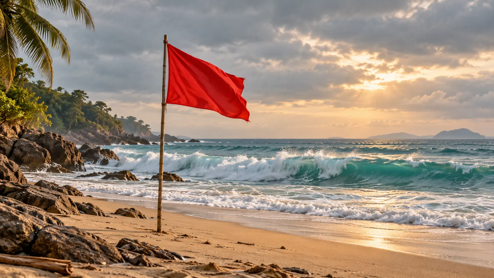 Illustration of a calm tropical beach with a plain red warning flag on a pole and waves breaking offshore