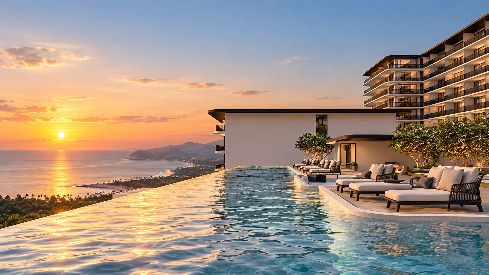 Illustration based on the developer's computer-generated rendering of a rooftop pool looking out to the sea