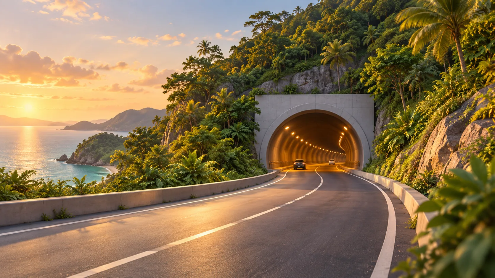 "Illustration of a road leading into a tunnel through a forested green hill"