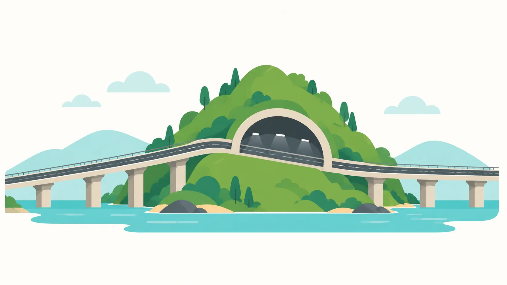 Illustrated diagram of a road rising on a viaduct, passing through a tunnel in a green hill and coming down on a second viaduct