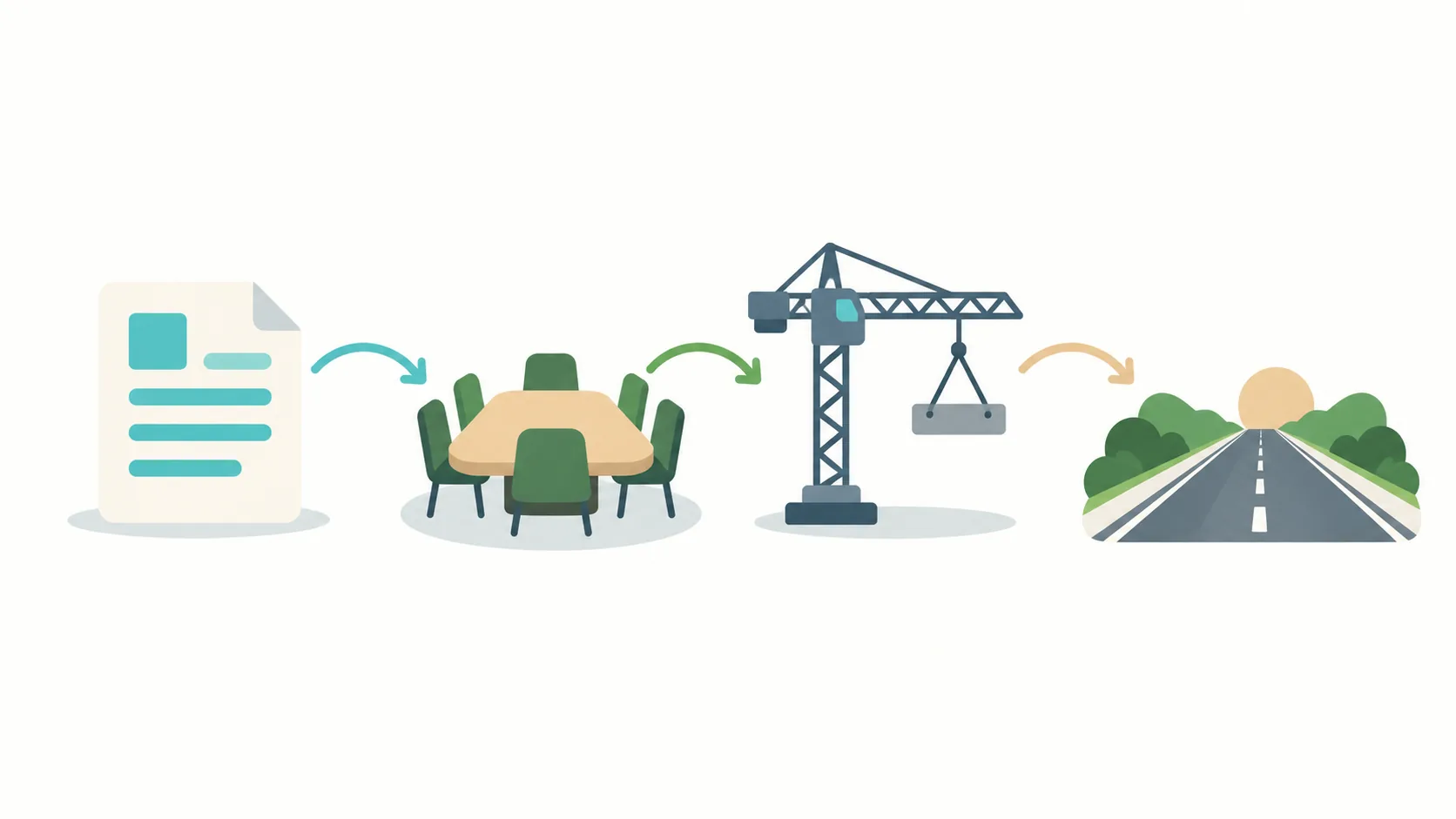 Illustration of a planning timeline shown as simple icons: a document, a meeting table, a tower crane and an open road, with no text or numbers