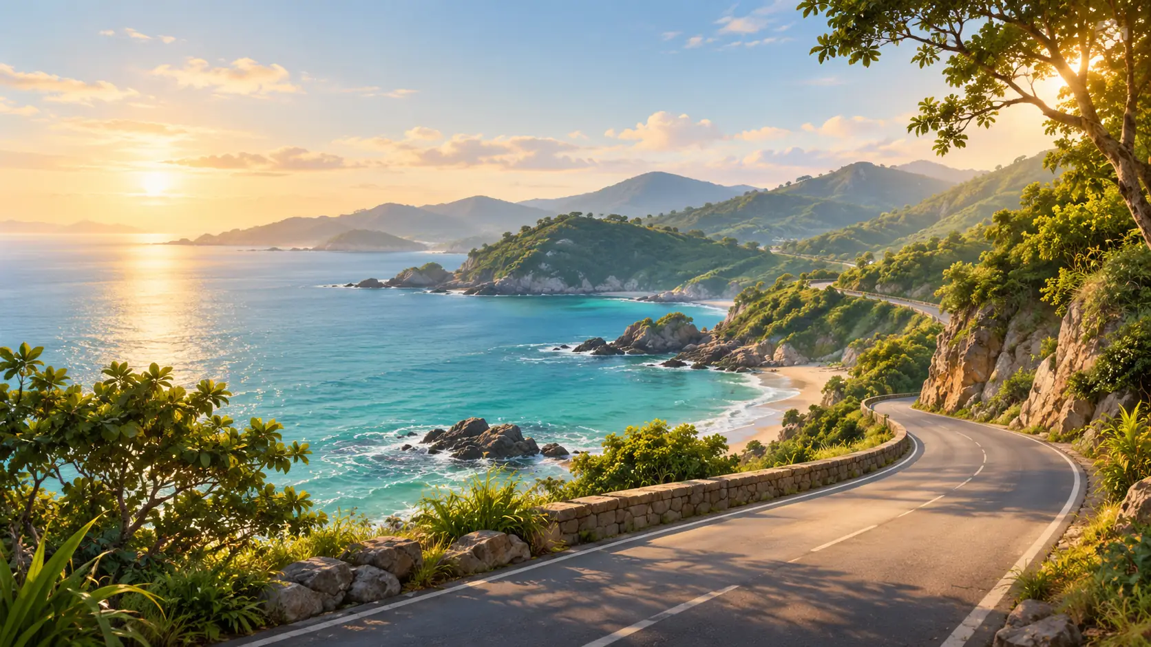 Illustration of a quiet coastal road winding between green hills and the Andaman Sea in soft morning light