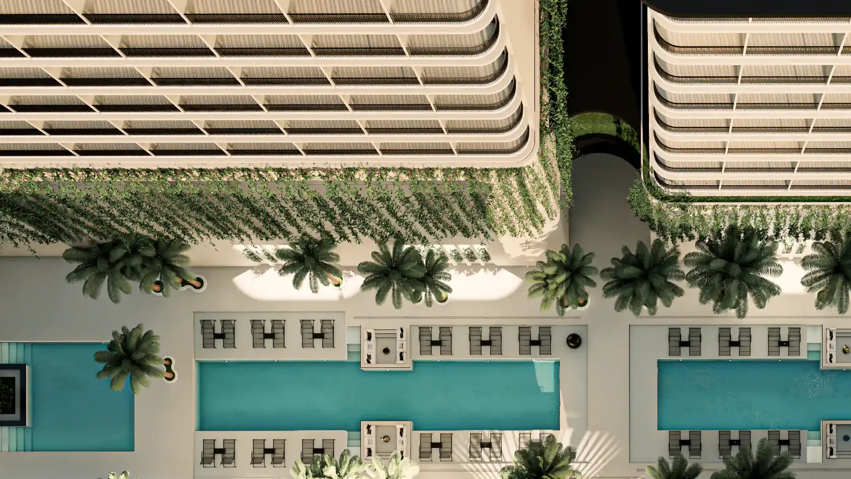 Computer-generated top-down view of the twin lap pools, loungers and palm-lined deck between two Ever Prime Residences buildings