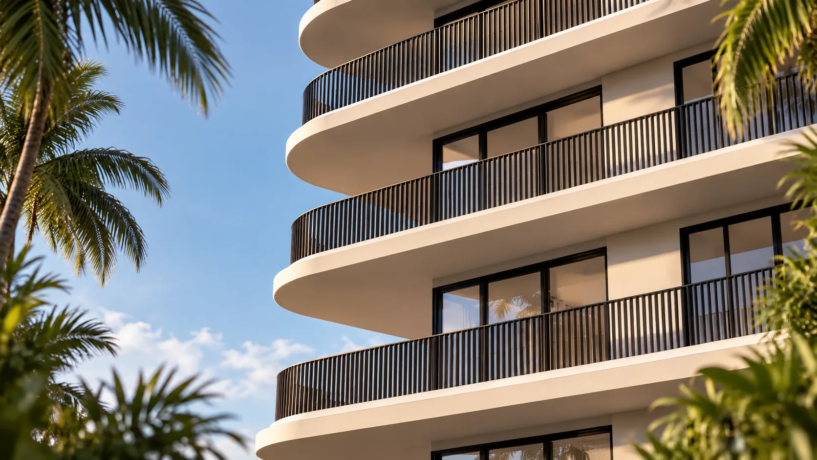 Illustration of a calm balcony in a low-rise residence looking over palm trees and green hills