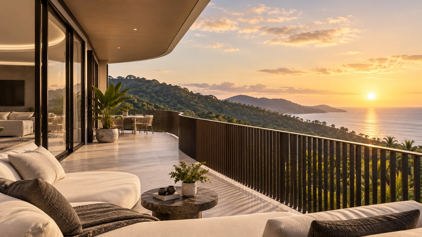 Wide covered balcony of a modern Phuket condo with off-white lounge seating, a low side table and a view over green hills