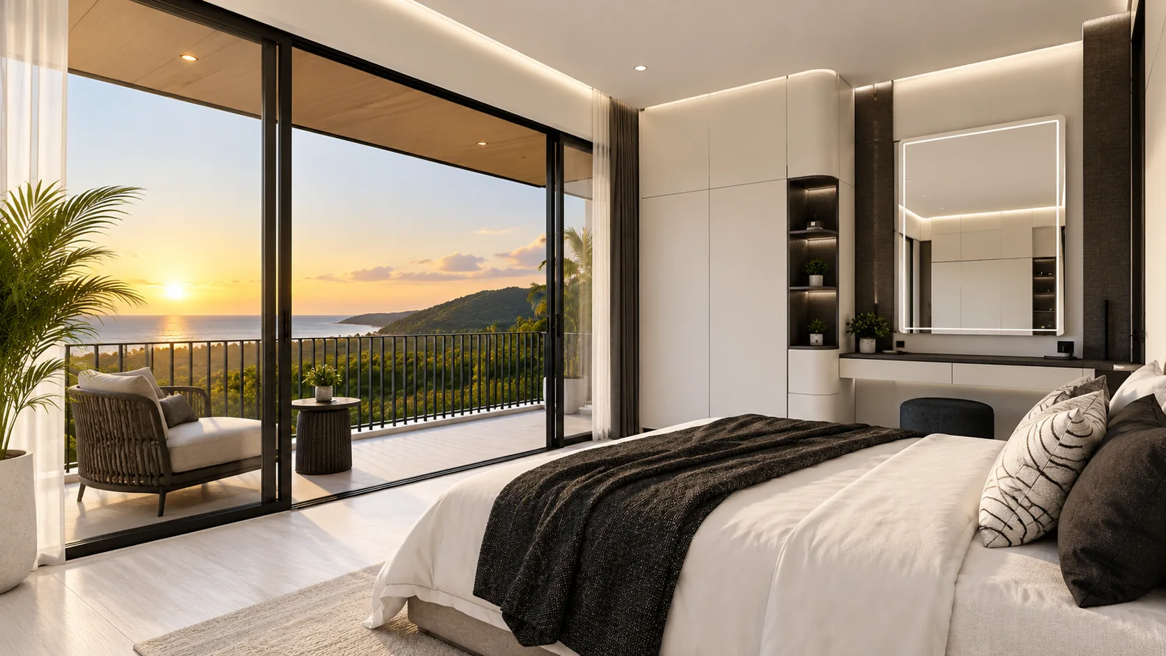 Computer-generated image of a bright condo bedroom at Ever Prime Residences with white built-in wardrobes, cove lighting and glass doors to a balcony