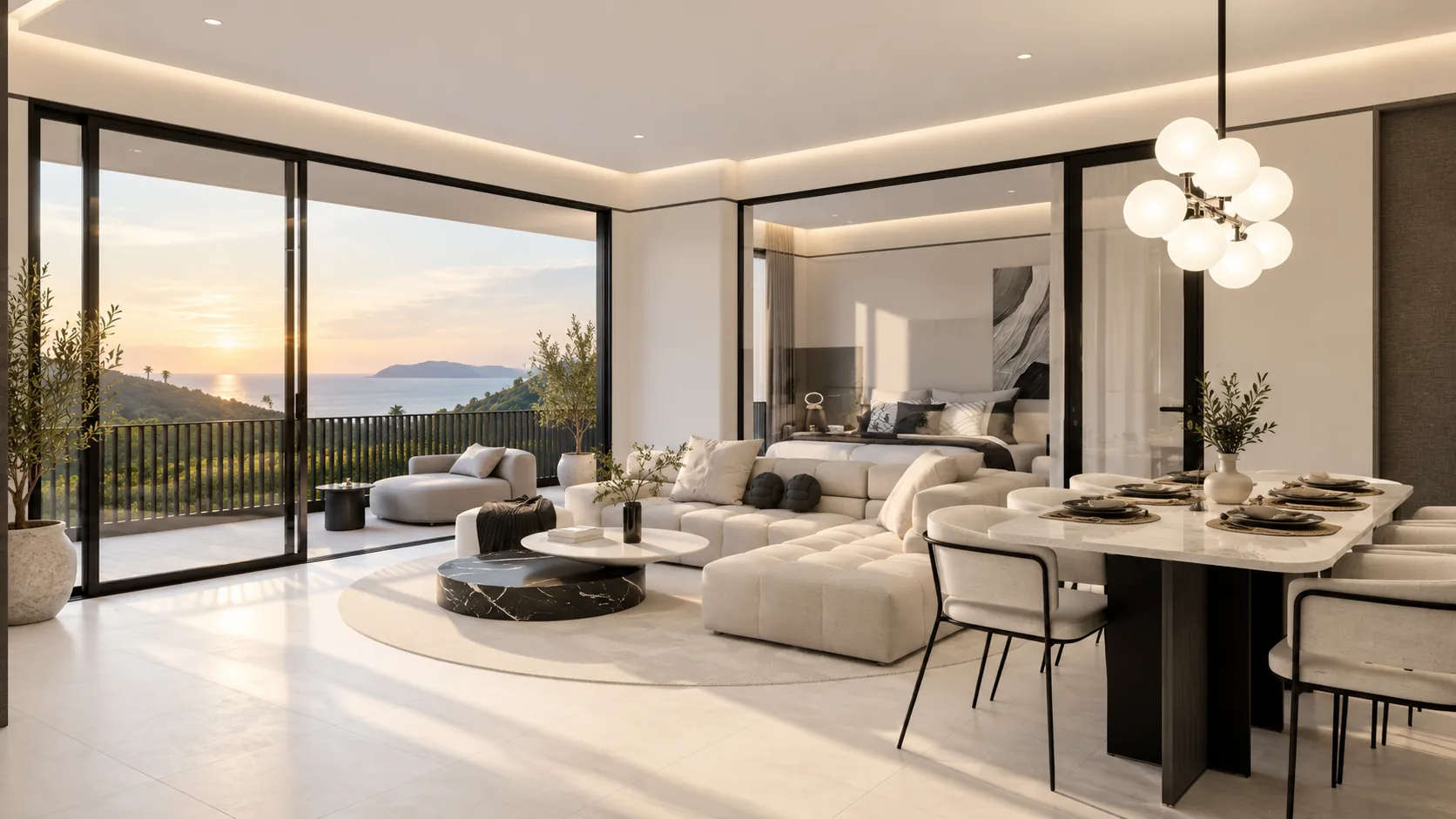 Calm open-plan living and dining area with a pale sectional sofa, round coffee tables, a dining table and floor-to-ceiling sliding doors